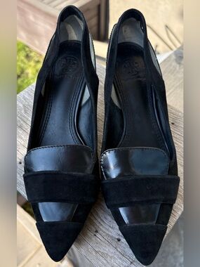 Tory Burch Lancaster Pointed Toe Suede Leather Black Heels Pumps Shoes 5.5W